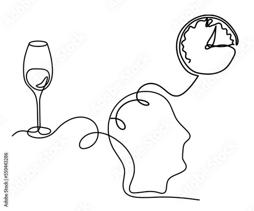 Drawing line wine with clock on the white background. Vector
