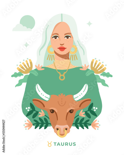 Taurus zodiac sign. Horoscope. Illustration of Taurus astrological sign of beautiful girl with bull and flowers. Vector art.