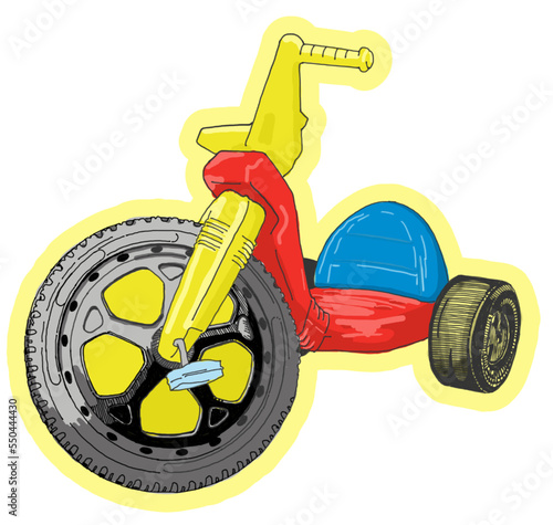 The classic plastic big wheel trike from the 1970s, 1980s and 1990s, a vintage toy that many of us learn to ride, race and drift on. photo