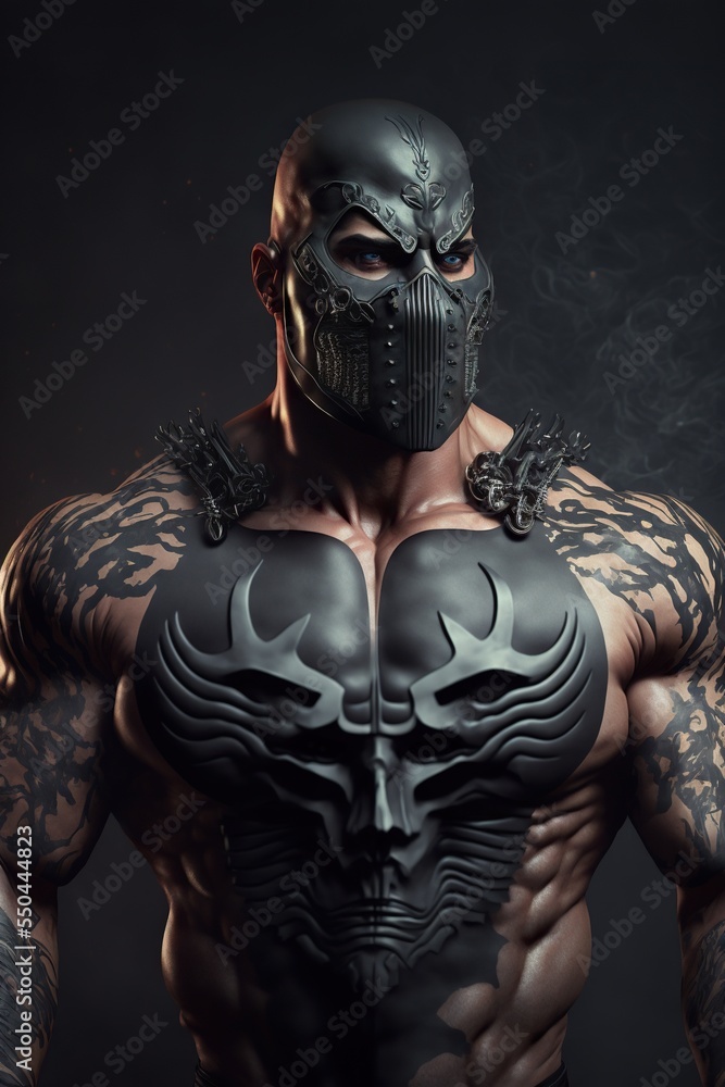 Musucular bodybuilder man in black mask and tattoos on body Musucular bodybuilder man in black mask and tattoos on body