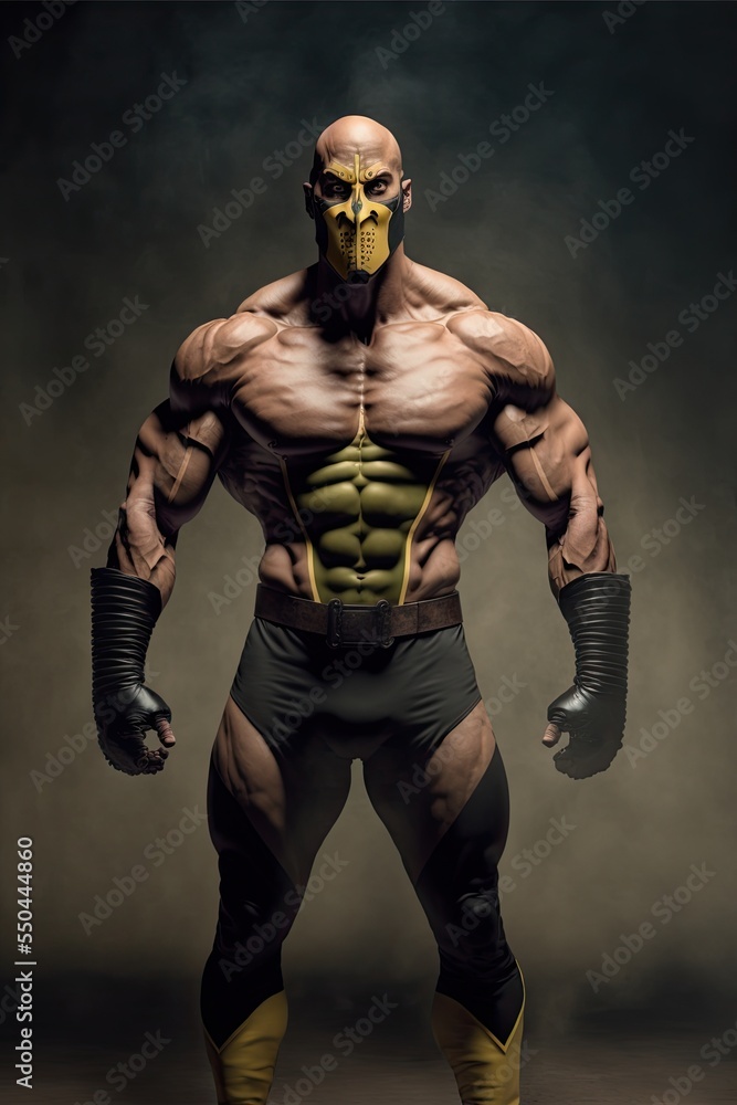 Epic masked bodybuilder. Muscular man character. Generative AI.