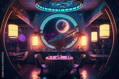 Interior view of cyberpunk sci-fi space diner