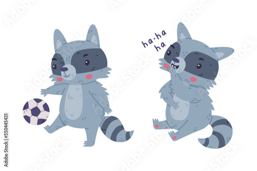 Funny Raccoon Animal Character with Striped Tail Playing Football and Laughing Vector Set