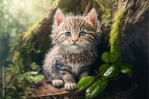 Cute funny tiny kitten in a forest