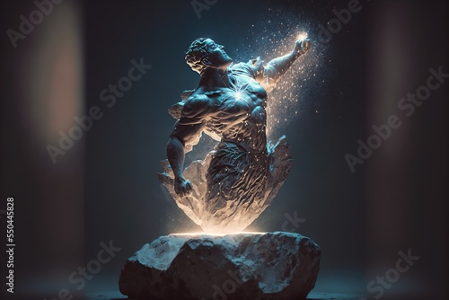 Single particle beam of light hitting a white stone statue with multiple tiny glowing fragments
