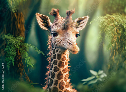 Cute funny tiny giraffe in a forest