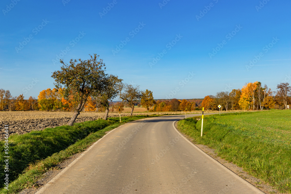 Sunny autumn day in european countryside. Rural road. Czech Republic.