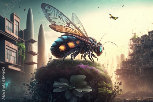 Fly insect concept in the middle of future green scenery