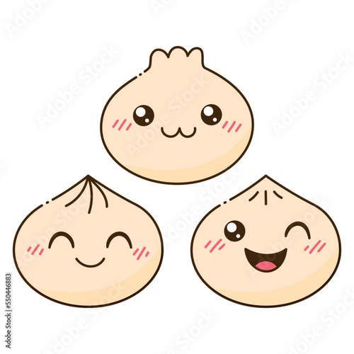 Cute Happy Dim Sum Set. Smiling Cartoon Bao Character. Traditional Chinese Dumplings with Funny Faces