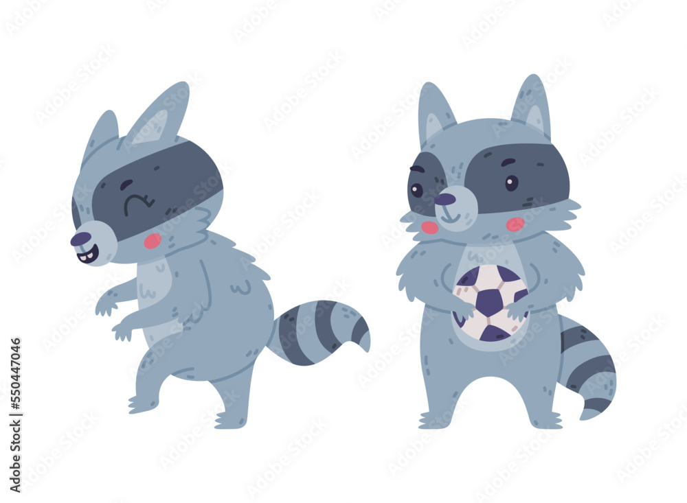 Naklejka premium Funny Raccoon Animal Character with Striped Tail Sneaking and Holding Ball Vector Set