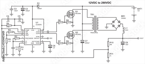 Schematic diagram of electronic device. Vector drawing electrical circuit with resistor, capacitor, inductor, battery, voltage stabilizer, diode bridge, transformer and other electronic components.