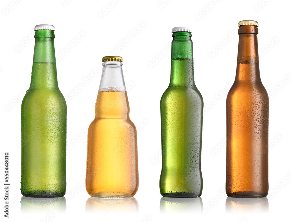 Collection of full beer bottles with no labels isolated Collection of full beer bottles with no labels isolated