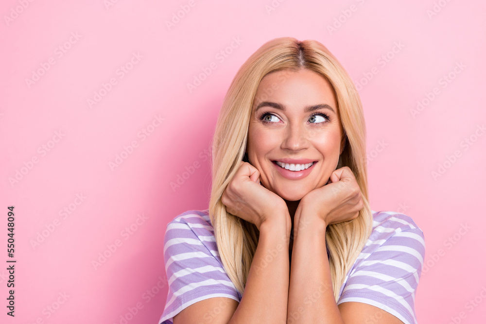 Closeup portrait of young adorable pretty nice girl blonde hair touch cheeks dreaming about next date look mockup isolated on pink color background Closeup portrait of young adorable pretty nice girl blonde hair touch cheeks dreaming about next date look mockup isolated on pink color background