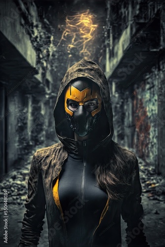 Woman in latex black and yellow suit, mask and hoodie. Epic character portrait in the street.