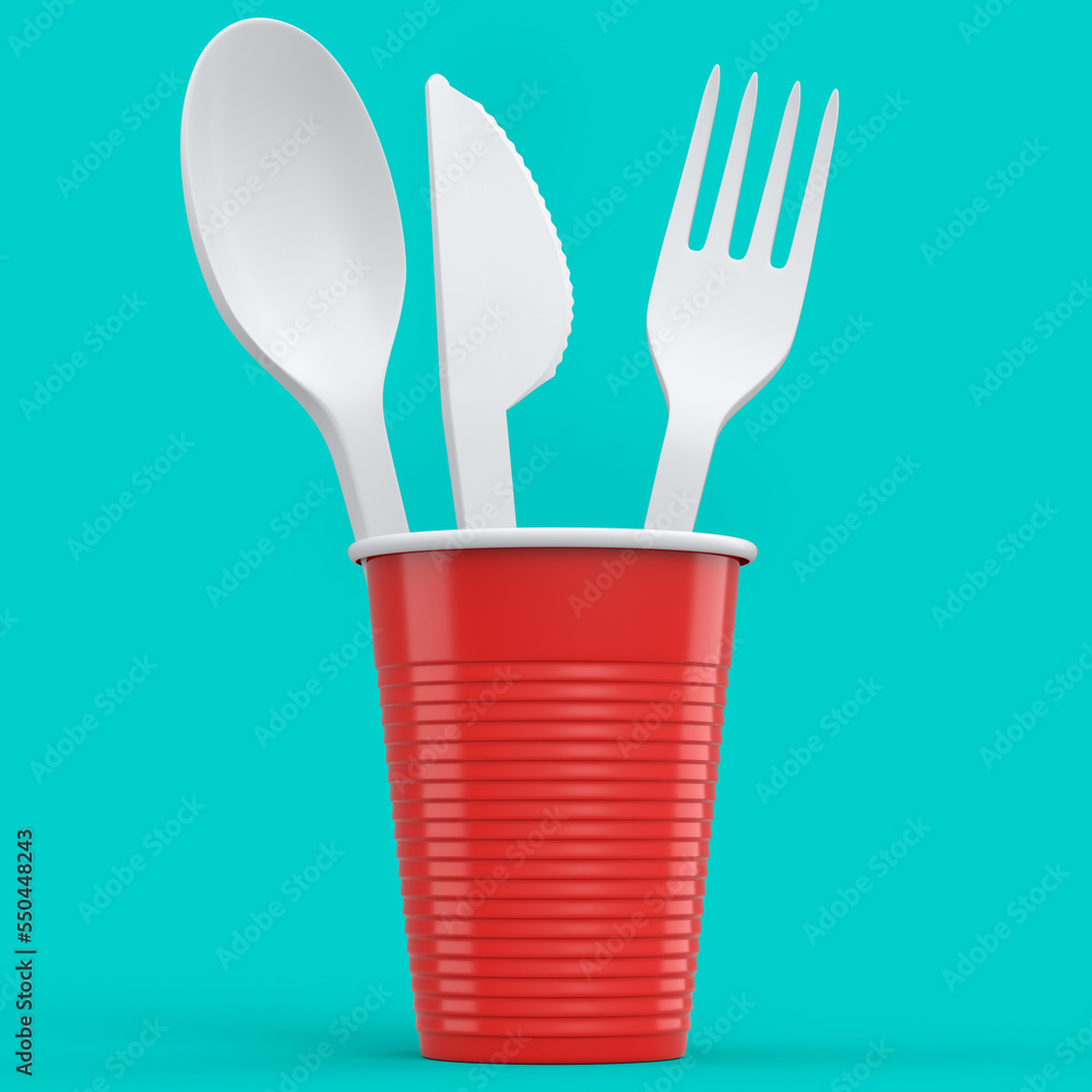 Set of disposable utensils like spoon, fork, knife and cup on green background. Set of disposable utensils like spoon, fork, knife and cup on green background.
