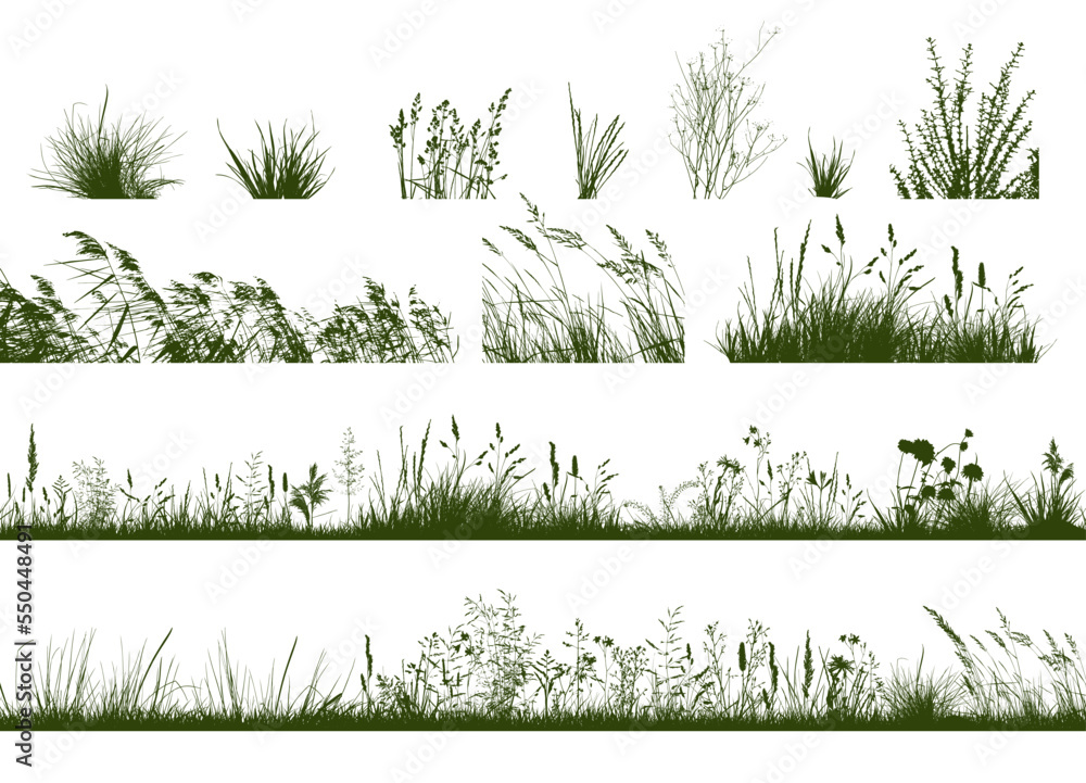 Set of horizontal banners of meadow silhouettes with grass. Vector illustration - obrazy, fototapety, plakaty 