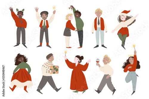 Office christmas celebration. Happy young business start up team workers corporate party, celebrate New Year 2023 winter holiday. Businessman and businesswoman in dress celebrating vector illustration
