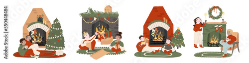 Couples at home near fireplaces set. Christmas tree, fire place, gifts, candles, fir wreathes Xmas decoration. Warm cozy interior with people and winter holiday decor. Vector illustrations isolated
