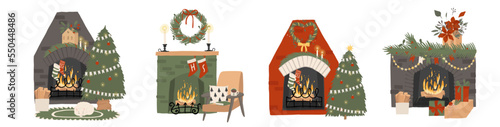 Christmas tree, fireplaces set. Home fire places with socks, stockings, gifts, candles, fir wreathes Xmas decoration. Warm cozy interior with winter holiday decor. Flat vector illustrations isolated