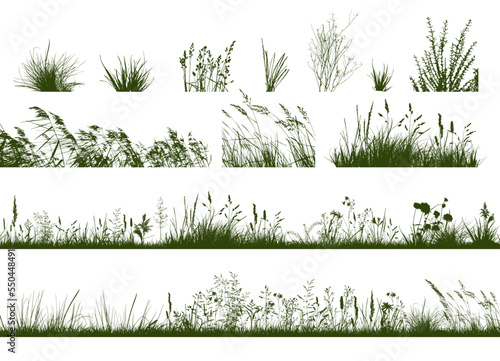 Set of horizontal banners of meadow silhouettes with grass Fototapet