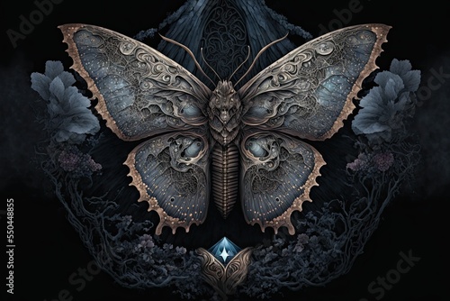 Butterfly isolated on black background. Occult ornate patterns. 