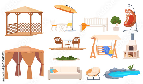 Garden furniture for outdoor recreation. Furniture for the backyard, summer terrace. Vector illustration
