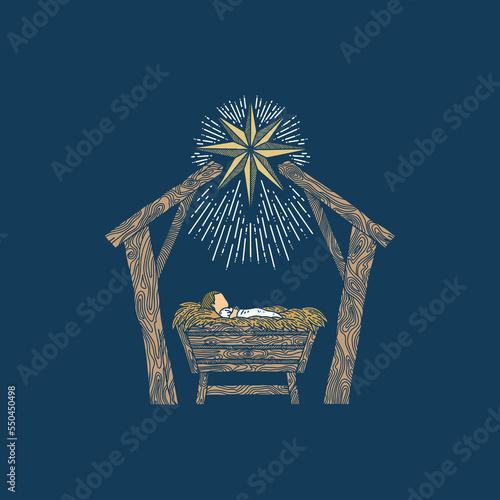 The Nativity Scene. A hand-drawn manger for the baby Jesus. The Star of Bethlehem above the stable where the Savior of the world was born.