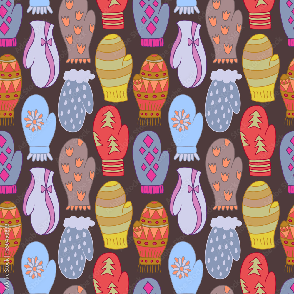 Winter mittens and gloves seamless pattern with different texture and color. Winter mittens and gloves seamless pattern with different texture and color.