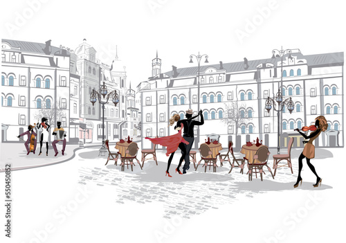 Series of street views in the old city with dancing couple and musicians. Hand drawn vector architectural travel background with historic buildings. Hand drawn vector illustration.