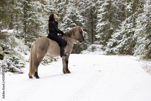 Woman dressed in black with light brown Icelandic horse.