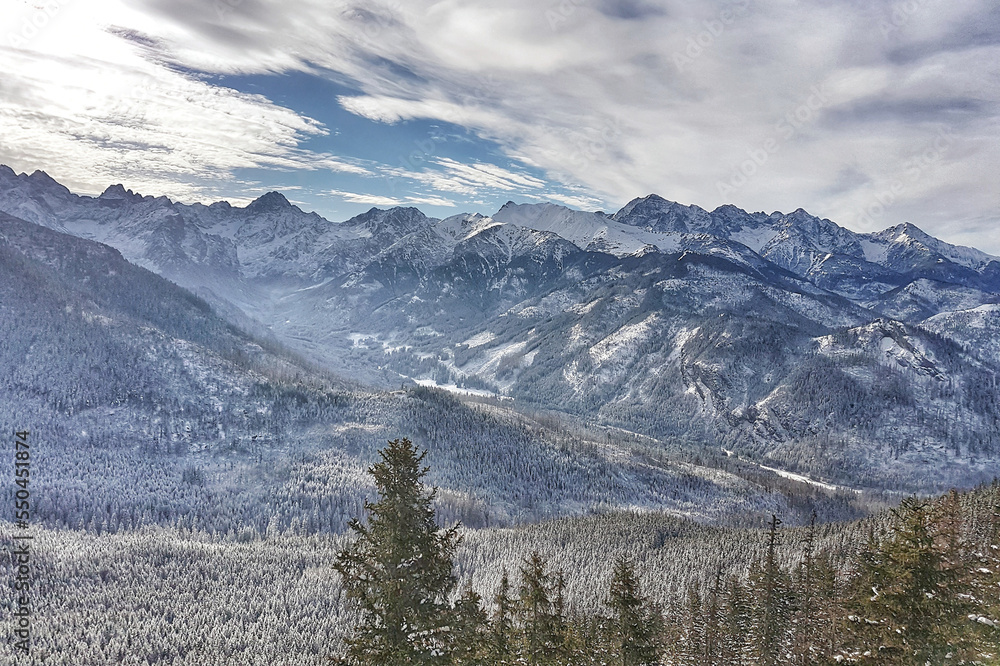 Beautiful panorama of the snow-covered mountain range