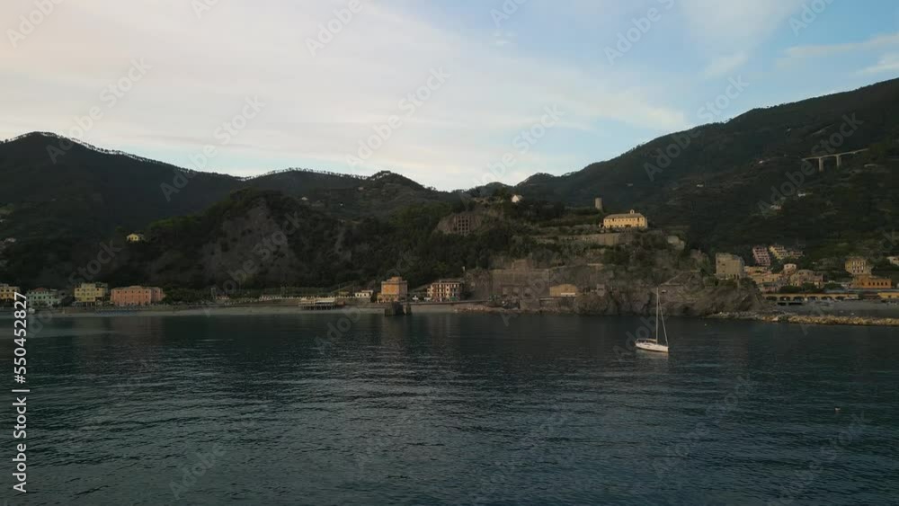 Famous touristic small town with beautiful beach in Italy. Aerial shot of Monterosso in Ligurian sea. Famous touristic small town with beautiful beach in Italy. Aerial shot of Monterosso in Ligurian sea.