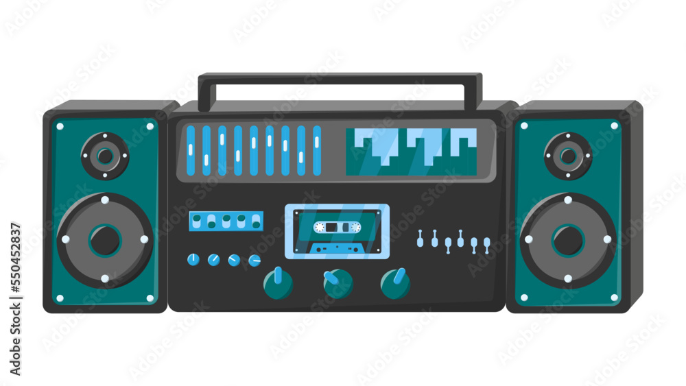 Fototapeta premium Old isometry retro green vintage music cassette tape recorder with magnetic tape on reels and speakers from the 70s, 80s, 90s. Beautiful icon. Vector illustration