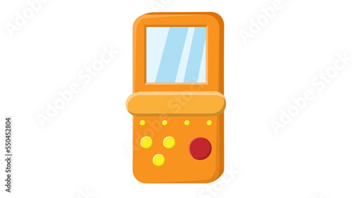 Old retro vintage isometry handheld game console with screen and buttons, tetris from 70s, 80s, 90s. Yellow icon. Vector illustration