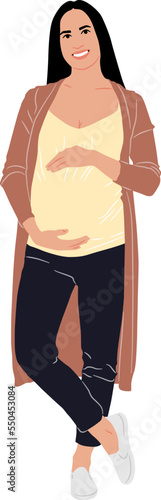 Hand-drawn pregnant woman stands with her hands on her belly. Vector flat style illustration isolated on white. Full-length view