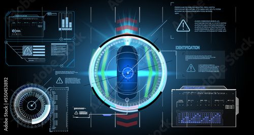 Smart cars driving on the road, driverless vehicles, top view. ADAS, ITS system. Smart car (HUD) Car top view with electronic digital interface, parameters and options, scans the road