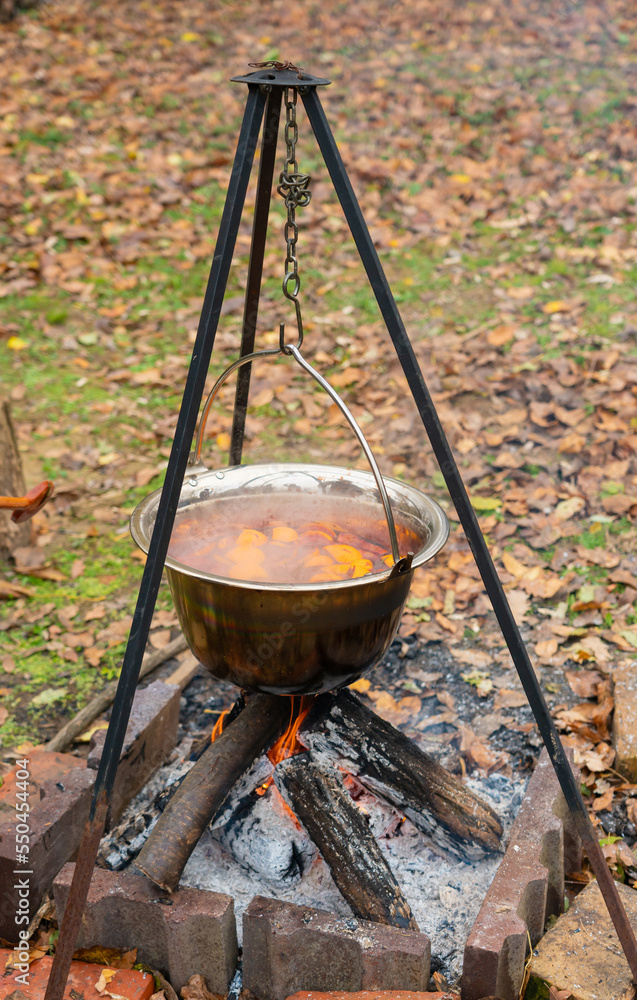 Autumn mulled wine from cinnamon oranges and wine is cooked on a fire Autumn mulled wine from cinnamon oranges and wine is cooked on a fire