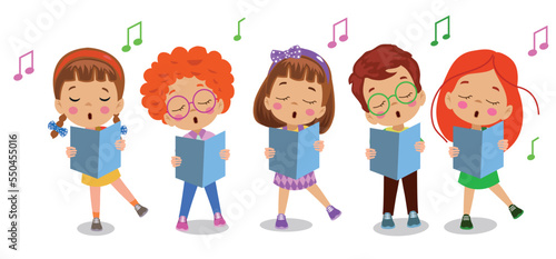 Cartoon group of children singing in the school choir