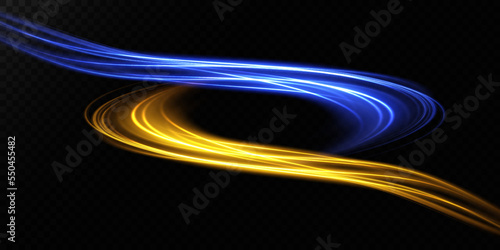 Abstract light lines of movement and speed in blue and gold. Light everyday glowing effect. semicircular wave, light trail curve swirl, car headlights, incandescent optical fiber png.