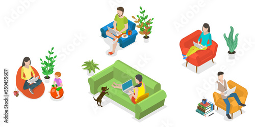 3D Isometric Flat  Conceptual Illustration of Working At Home © TarikVision
