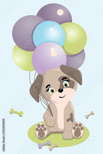 Cute dog. Funny illustration of a puppy with balloons. Baby Hare