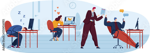 Lazy flat office worker, vector illustration. Boss character look at business employee work, person tired sleep, write messages concept.
