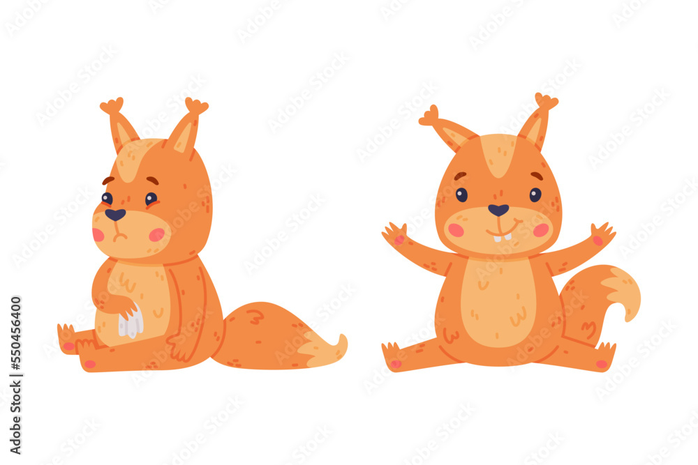 Obraz premium Funny Squirrel Character with Bushy Tail Smiling and Sitting with Sad Face Vector Set