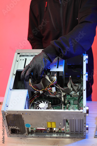 disassembly of an old desktop computer on a table