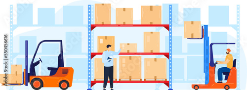Storage warehouse for box logistic and distribution, vector illustration. Man worker character use cargo or package parcel delivery.