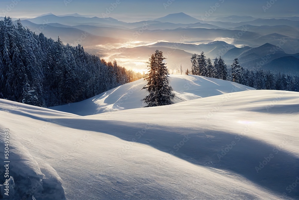 snow covering fir trees, mountain trees and rising sun in winter, postcard concept