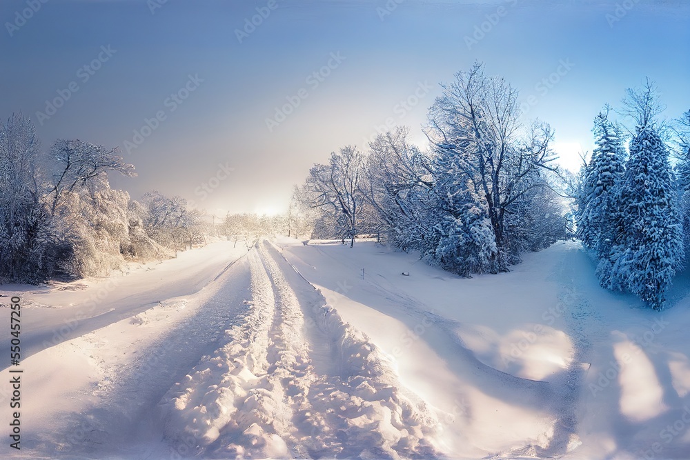 Obraz premium snowy alley in winter, winter postcard concept