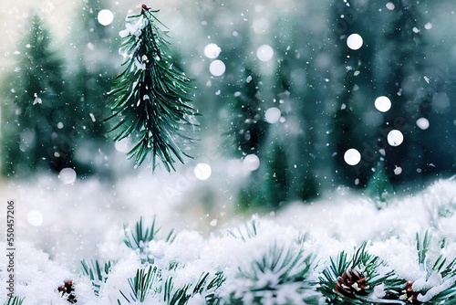 Pine branches in snow, falling snowflakes
