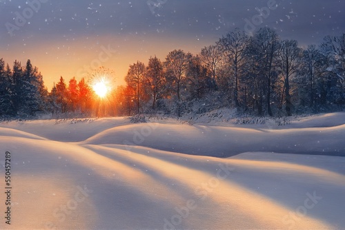Sunset in woodland covered by snow, wintery postcard concept © MUNUGet Ewa