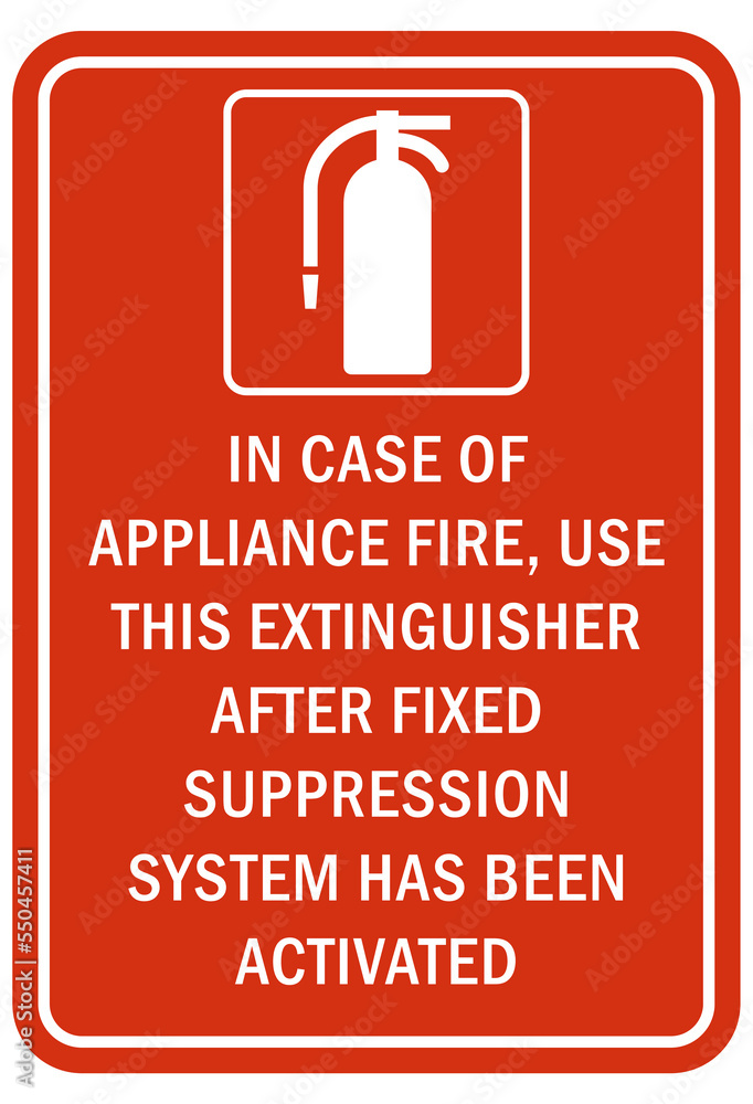 Naklejka premium Fire extinguisher instruction sign and labels in case of appliance fire use this extinguisher after fixed suppression system has been activated